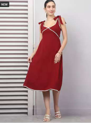 Shein Shoulder Tie-Up Scallop Contrast Trim A-Line Dress