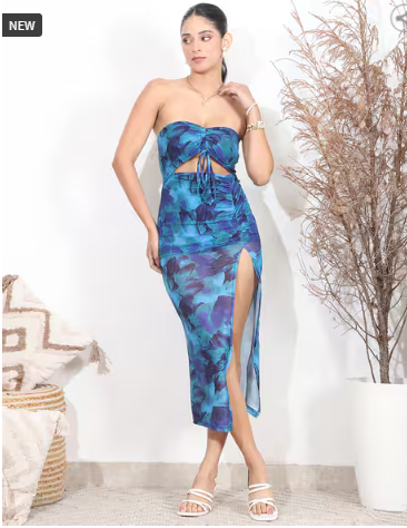 SHEIN Strapless Ruched Floral Print Midi Sheath Dress